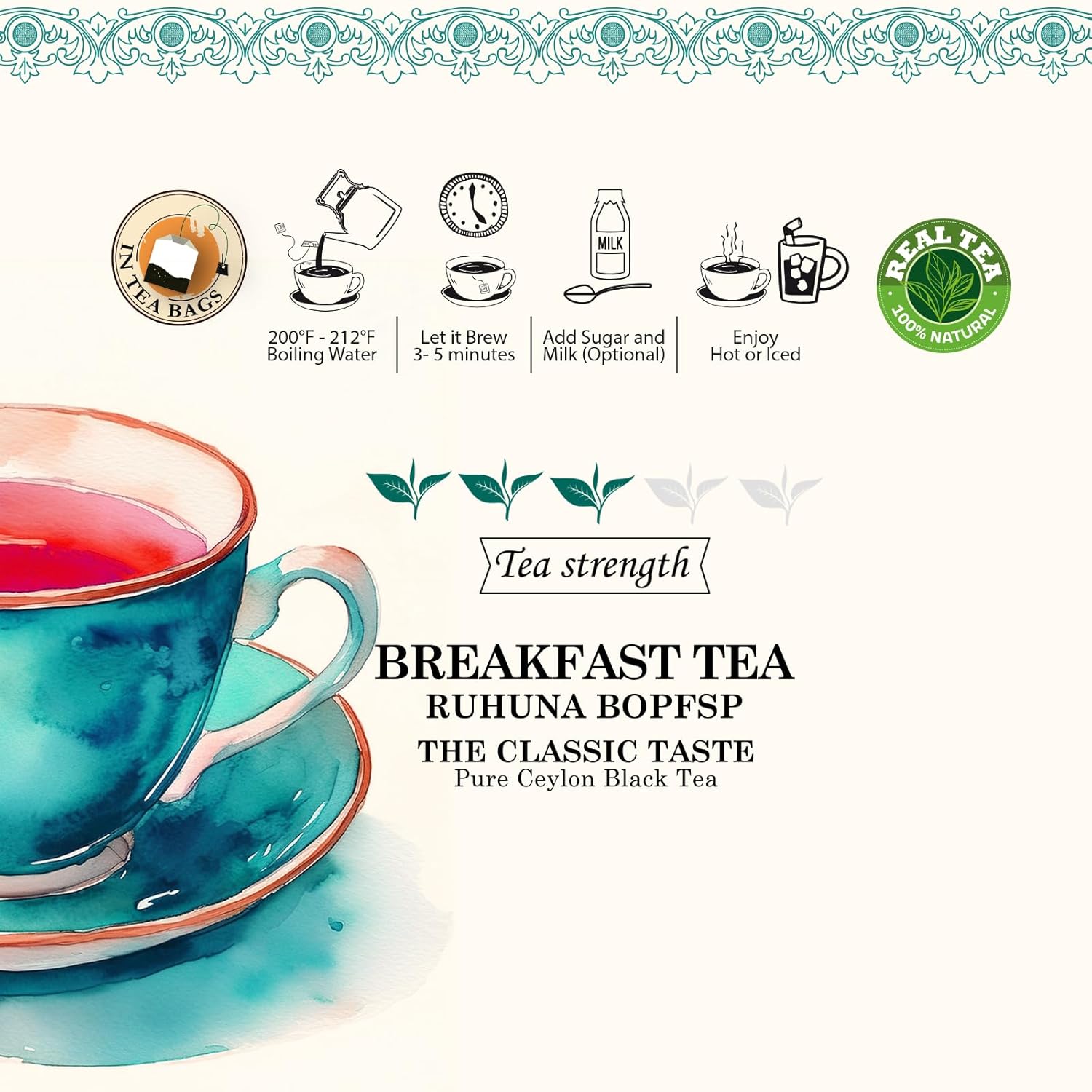 Ceylonzon Ceylon Breakfast Tea Classic Taste 25 Individually Foil-Wrapped Tea Bags 40g Experience with Natural Ceylon Tea, Relaxing and Fresh