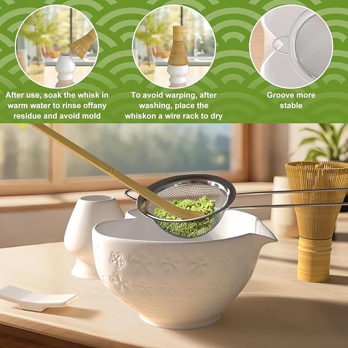 Matcha Whisk Set & Japanese Tea Set – 8PCS Ceramic Kit, Heart-Shaped Bowl with Spout & Bamboo Whisk (Ivory White)