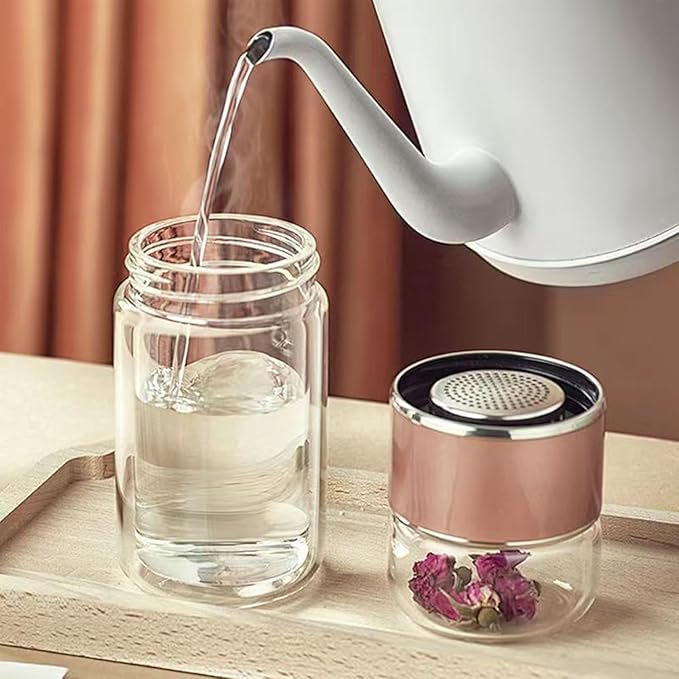 Glass Infuser, 3-in-1 smart Tea Infuser Double Wall Glass Teacup with infuser for Loose Tea, Portable Teas Steeper (Black, 12oz)