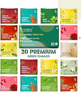 Teabox Green Tea Sampler Bags | 100% Natural I Immunity Boosting Sampler Pack | USDA Certified Organic Green Tea (20 Count (Pack of 1))