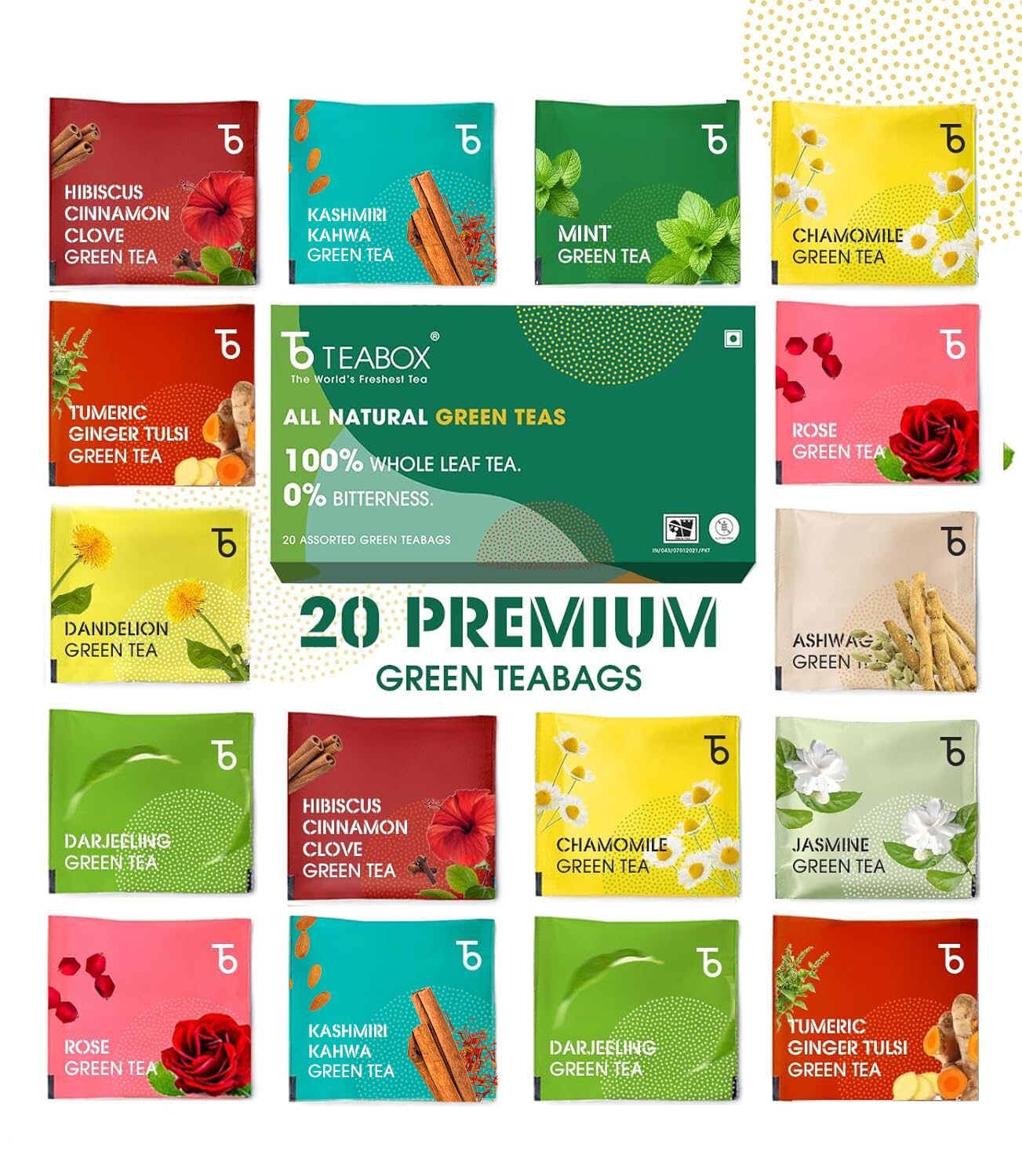 Teabox Green Tea Sampler Bags, 100% Natural I Immunity Boosting Sampler Pack, USDA Certified Organic Green Tea (20 Count)