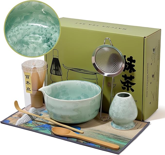 Matcha Whisk Set with Ceramic Bowl - Bamboo Whisk (Chasen), Scoop, Sifter & Holder - Complete Kit fo