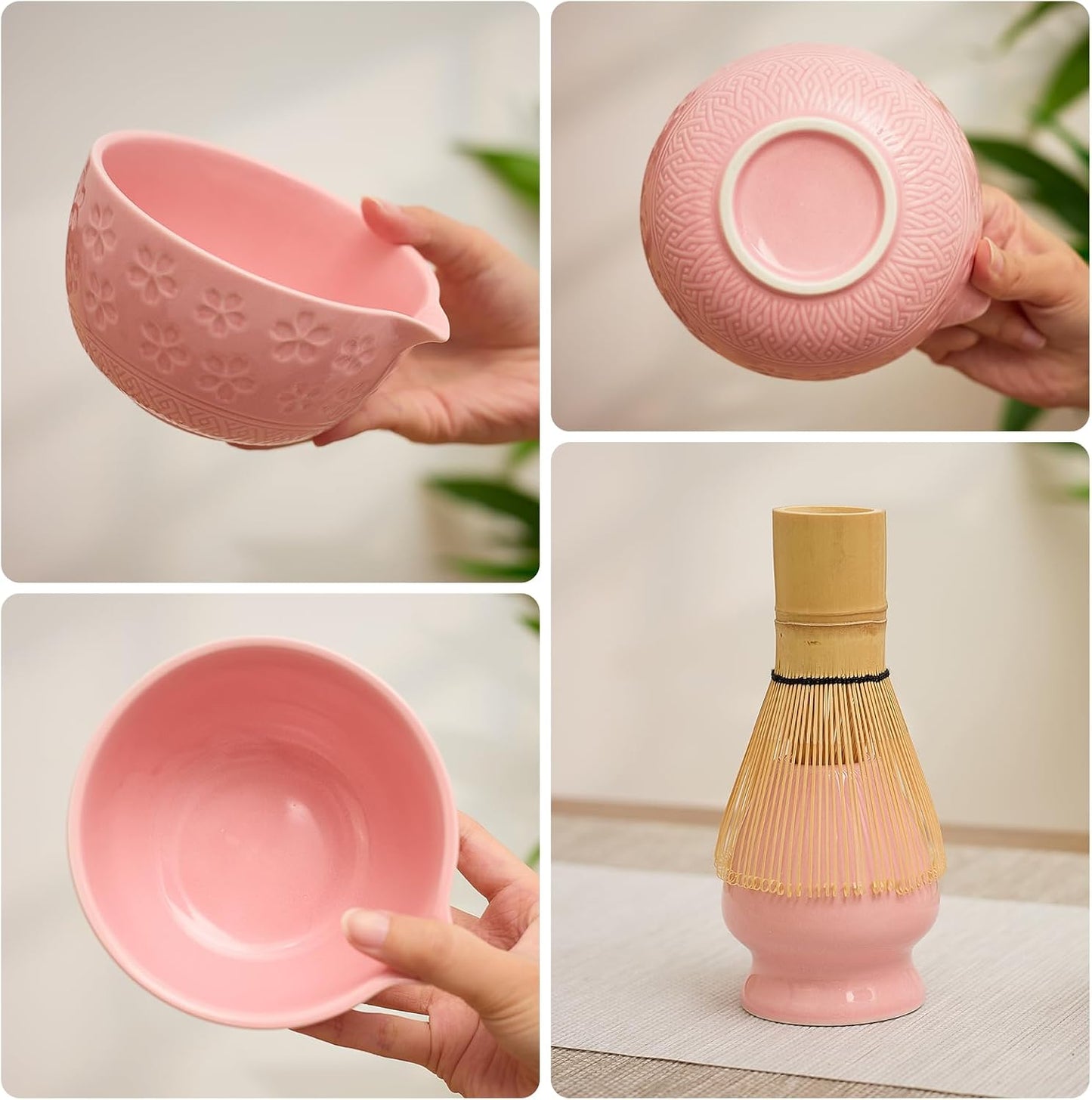 Matcha Whisk Set - Traditional Bamboo Chasen with Bowl, Complete Matcha Tea Making Kit &amp; Starter Tools for Authentic Japanese Ceremony (Pink01, 8pcs/set,Bowl entry-level Set)