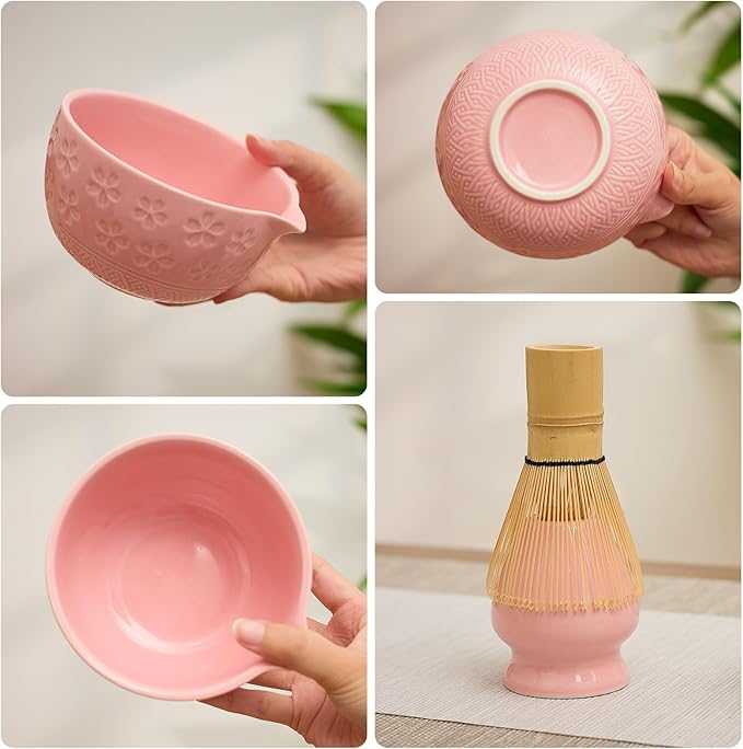 Matcha Whisk Set - Traditional Bamboo Chasen with Bowl, Complete Matcha Tea Making Kit & Starter Tools for Authentic Japanese Ceremony (Pink01, 8pcs/set,Bowl entry-level Set)