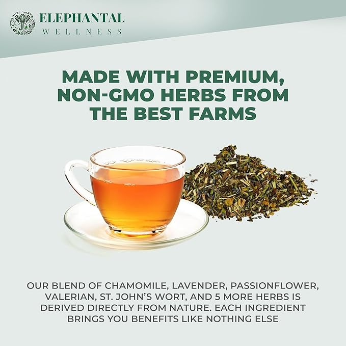 Elephantal Wellness Nerve Ease Herbal Tea, Calming Nervous System Support with Chamomile Tea, Passionflower, Lemon Balm Tea, Valerian & St