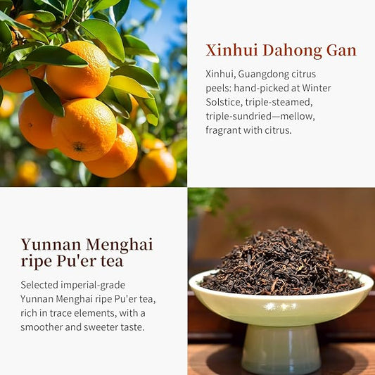 CHADUO Tangerine Peel Puerh Tea Xinhui Dahonggan Orange Peel Puer Xinhui Chenpi Pu'er Da Hong Gan Mandarin Orange Peel Puerh 7.05oz/200g Ripe Pu-erh Rich Citrus Aroma And Aged Pu'er Fragrance 大红柑 普洱茶