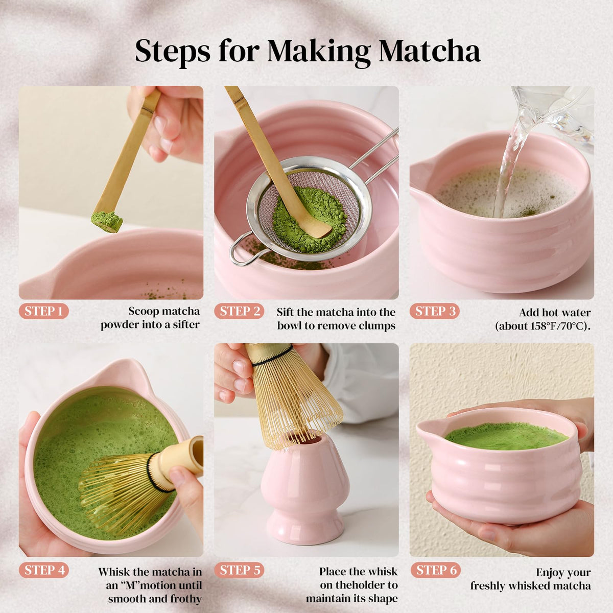 DOWAN Matcha Whisk Set, 7 Pcs Matcha Set Includes Bowl with Spout, Whisk and Holder, Bamboo Scoop and Holder, Sifter and Tea