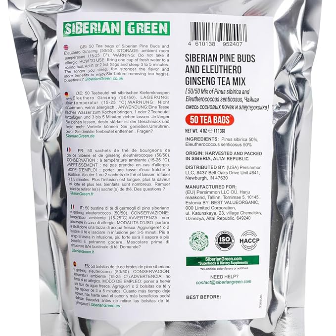 Siberian Green Ginseng Root Tea with Siberian Pine Tree Buds – 50-Pack Herbal Tea Bags – Pure and Natural Botanical Pine Eleuthero Ingredients