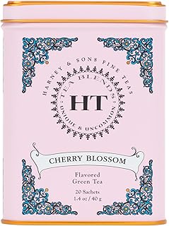 Harney & Sons Caffeinated Blossom Green Tea Tin Sachets Pink 31629, Cherry, 20 Count (Pack of 1)