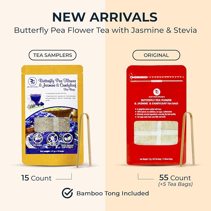 Butterfly Pea Flower Tea Samplers with Jasmine & Stevia - 15 Count, Mini Tea Bags, Bamboo Tong Included, No Sugar Added