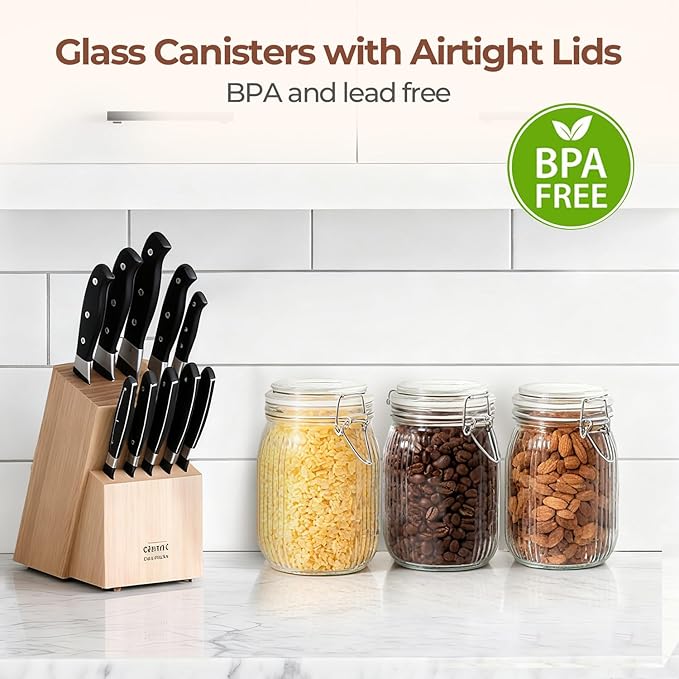 ComSaf Airtight Glass jar with lid 34oz Set of 3, Glass Storage Containers with Lids, Glass Canisters, Striped Clip Fastening Jar for Kitchen Canning