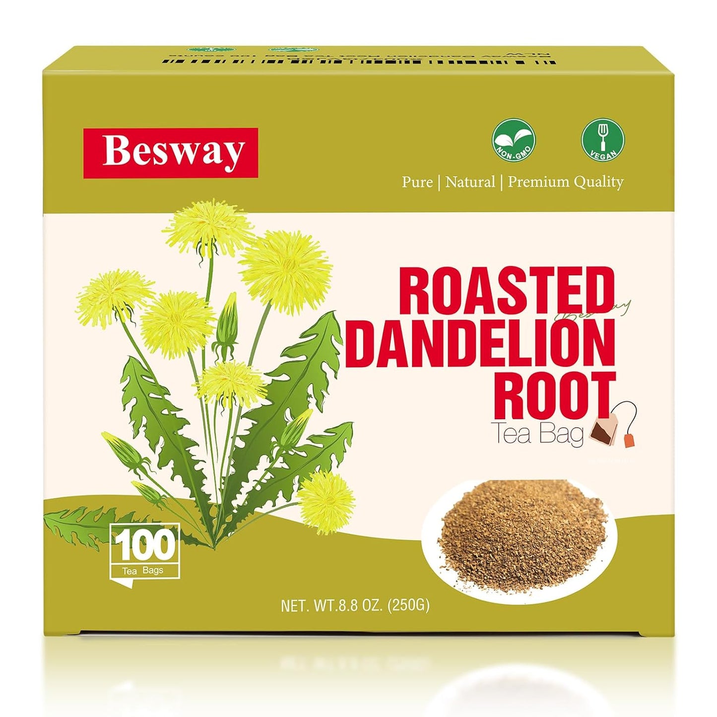 Besway Roasted Dandelion Root Tea Bags, 100 Count, Natural Herbal Tea | Roasted Dandelion Root Herbal Tea with a Smooth, Rich Flavor, Naturally Caffeine-Free, Packed in a Resealable Pouch