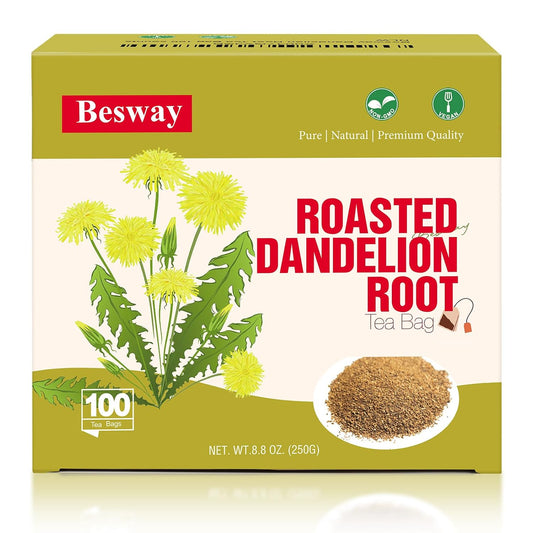 Besway Roasted Dandelion Root Tea Bags, 100 Count, Natural Herbal Tea | Roasted Dandelion Root Herbal Tea with a Smooth, Rich Flavor, Naturally Caffeine-Free, Packed in a Resealable Pouch