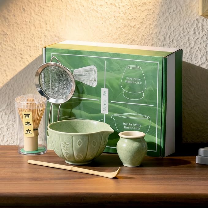 Matcha Whisk Set-5pcs, 16OZ Japanese Tea Set Includes Matcha Bowl with Spout, Bamboo Whisk with Ceramic Holder