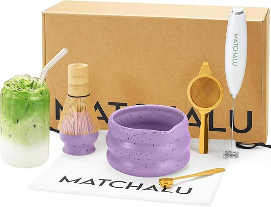 Matcha Whisk Set With Ceramic Matcha Bowl, Bamboo Whisk & Holder, Stainless Steel Spoon & Sifter, Glass Cup & Straw, Electric Frother, Storage Bag - Gift for Matcha Lovers (Premium 9-Piece Set Purple)