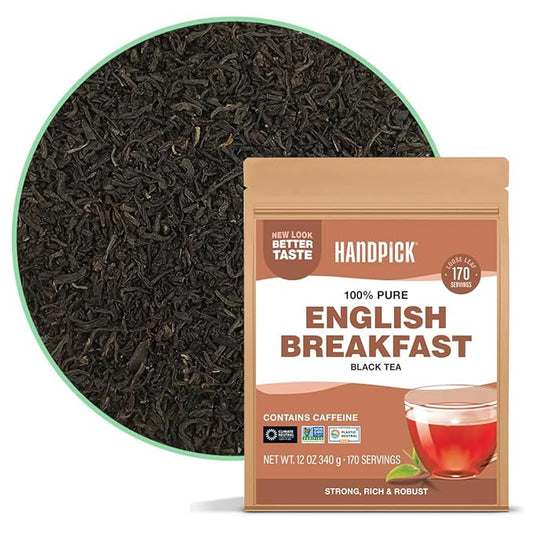 HANDPICK, English Breakfast Tea Loose Leaf (340g/12oz) Strong, Robust, High Caffeine Black Tea Loose Leaf | Non-GMO | Resealable, Ziplock Pouch | Brew Hot, Iced or Kombucha tea | Assam Black Tea