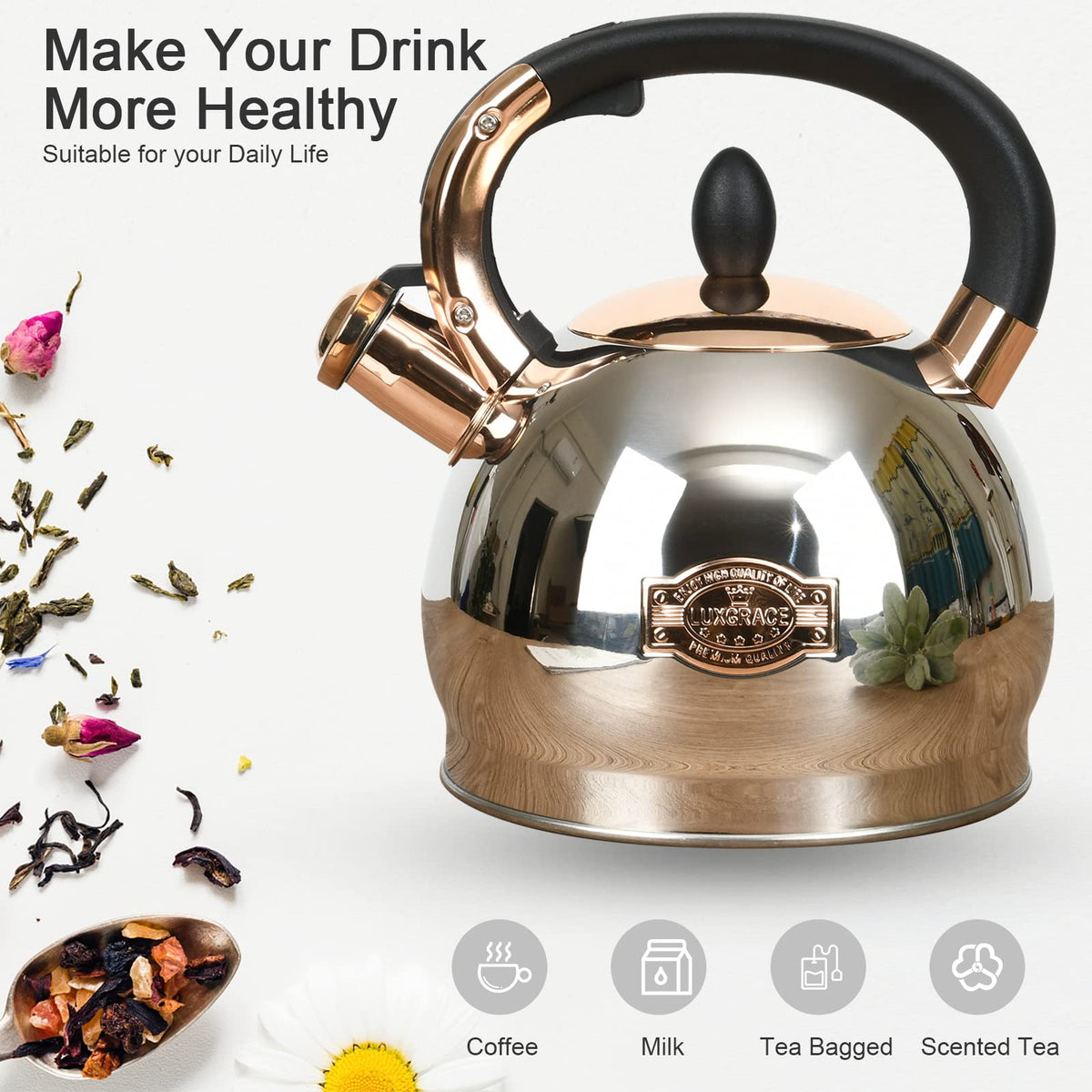 LUXGRACE Stainless Steel Whistling Tea Kettle with Metal Capsulated Bottom for Quick Heat Distribution 2.8 Quart