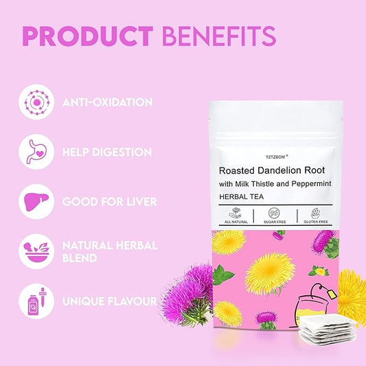 TZTZBOM Natural Roasted Dandelion Root with Milk Thistle and Peppermint, Herbal Tea for Liver Cleansing, 20 tea bags