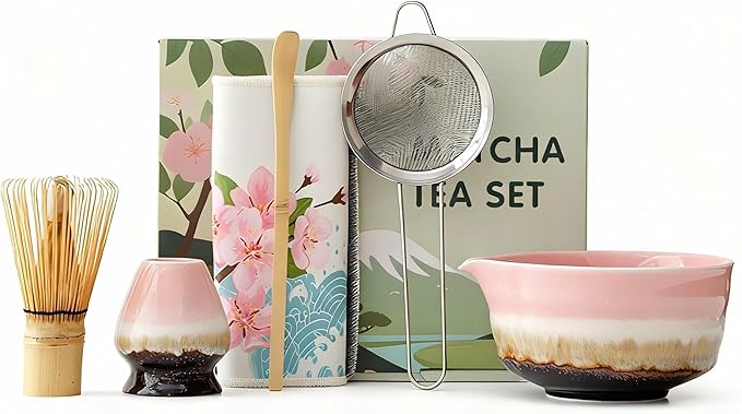Pink Matcha Whisk Set, Ceramic & Bamboo Matcha Kit with Bowl, Whisk, Holder, Scoop, Sifter, Tea Towel Mat.Give gifts to family and friends