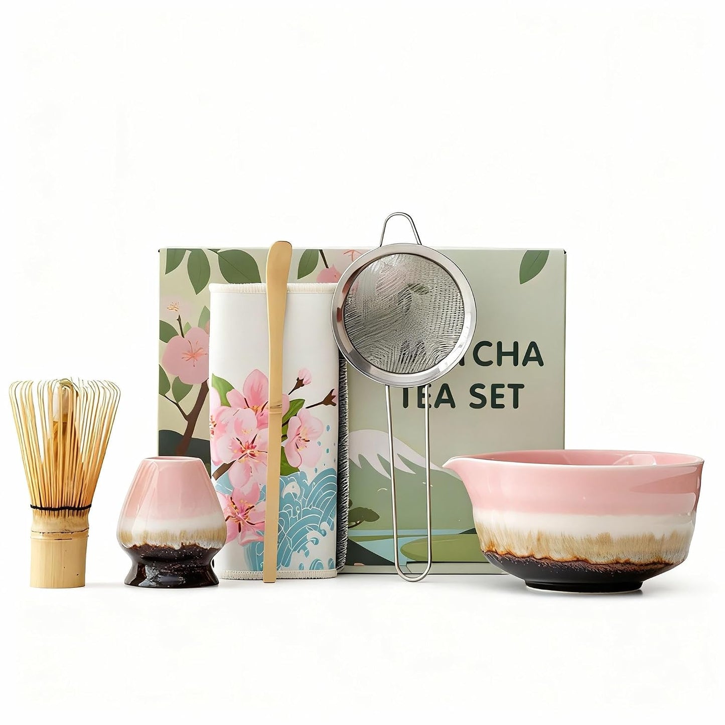 Pink Matcha Whisk Set, Ceramic & Bamboo Matcha Kit with Bowl, Whisk, Holder, Scoop, Sifter, Tea Towel Mat.Give gifts to family and friends