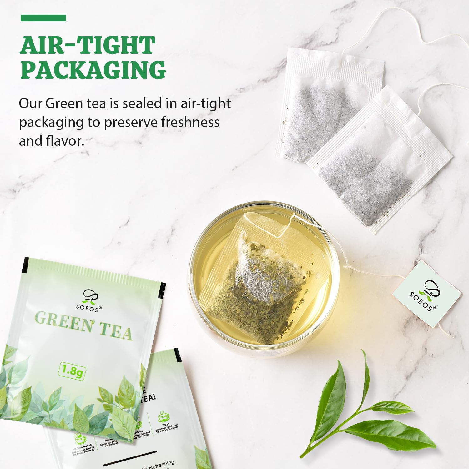 Soeos Green Tea, 6.3 oz (180g), 200 Tea Bags, Pack of 2, Refreshing and Fragrant, Sustainably Sourced, Ideal for Hot or Iced Tea, Long-Lasting Freshness