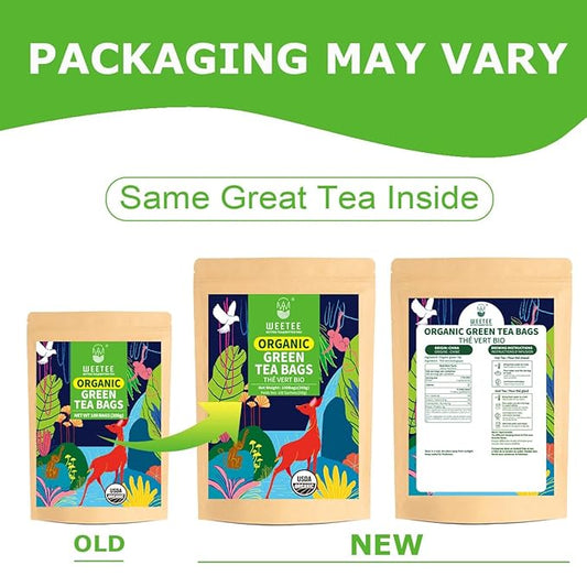 WT WEETEE Organic Green Tea Bags, Organic Pure Green Tea 100 Count, Super Antioxidant | Resealable Kraft Bag | Brew Hot or Iced