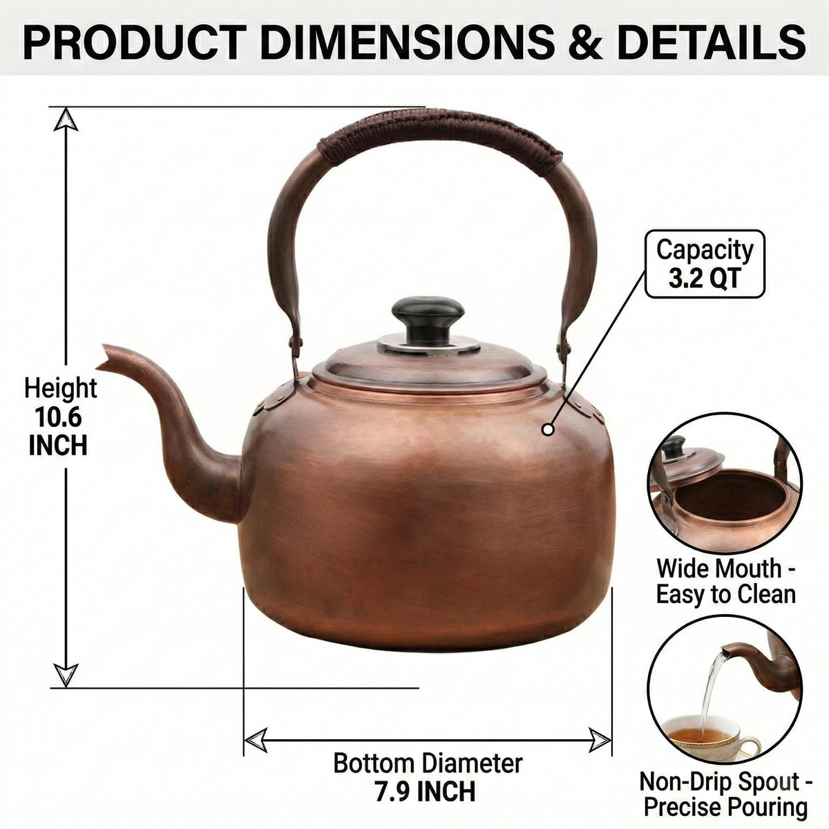 wloadry 3.2 QT Solid Copper Whistling Kettle | Large Capacity & Cool-Touch Handle