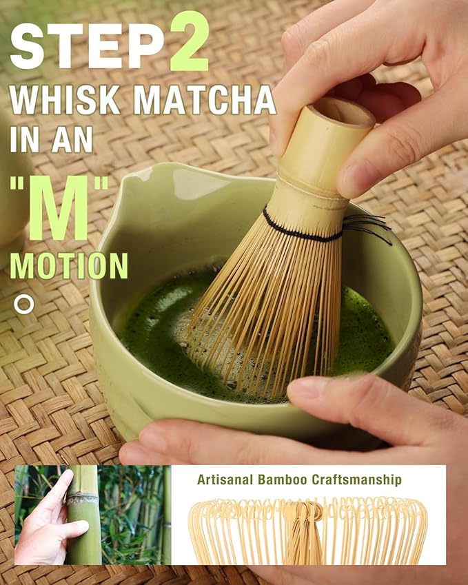 Matcha Whisk Set - 5PCS Matcha Set Includes 17OZ Chawan with Spout, Bamboo Chasen Whisk with Ceramic Holder, Mat cha Scoop and Stainless Sifter