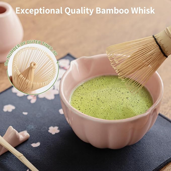 Matcha Whisk Set of 8 - Htrcxb Ceramic Matcha Set, Include Matcha Bowl, Matcha Whisk and Holder, Bamboo Scoop, Measuring Spoon, Scoop Rest