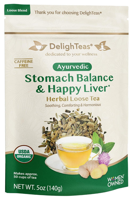 DelighTeas Stomach &amp; Liver Tea | Ayurvedic Herbal Blend for Digestion | Organic Milk Thistle, Fennel, Ginger, Peppermint &amp; Licorice | Vegan, Caffeine-Free, Sugar-Free | Loose Leaf, 50 Servings, 5oz