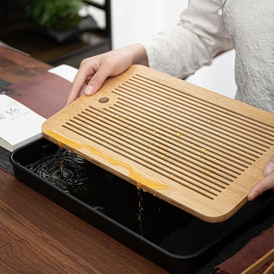 14 Inch Bamboo Chinese Gongfu Tea Tray with Water Storage Drainage, Chinese Gongfu Tea Tray Table Box for Kungfu Tea Set