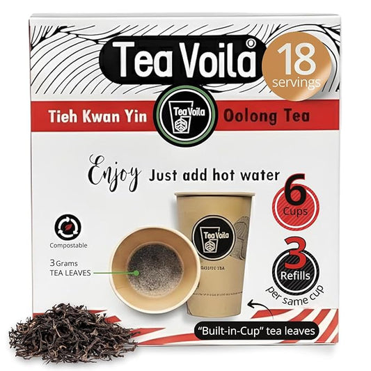 TeaVoila Oolong Tea - Loose Tea Leaves - Built-in Infuser in Biodegradable, Individually Sealed Cups - Up to 3 Refills per Cup - Finest Tea Leaves - USDA Organic - 12oz, 6 Count