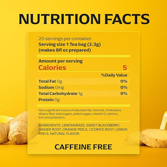Lipton Lemon Ginger Tea Bags, caffeine free Tea, Refresh Fruit and Herbal Tea, Individually Wrapped, 20 Tea Bags