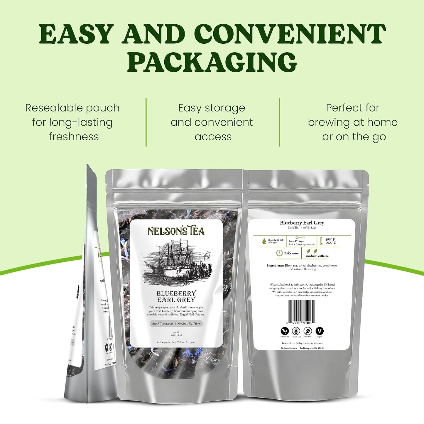 Nelson's Tea Blueberry Earl Grey Black Loose Leaf Tea, 4oz | Blueberries Bergamot • Fruity • Tea • Loose Leaf Tea • Cornflower • Blueberry Earl Grey