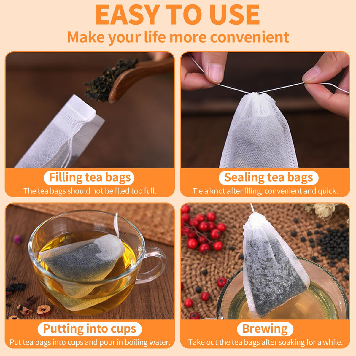 TamBee 100 Pack Disposable Tea Filter Bags Tea infusers 4" x 6" Empty Muslin Drawstring Seal Filter Tea Bags Drawstring Herb