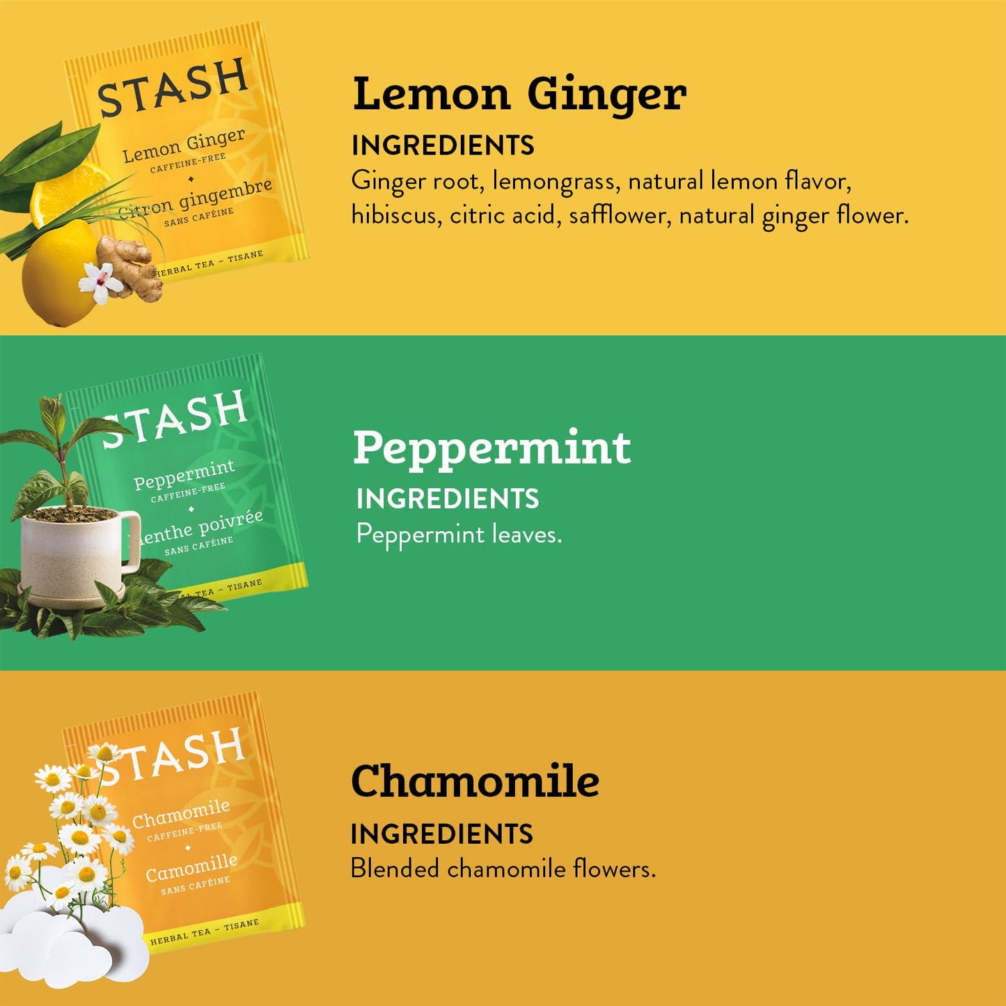 Stash Tea Comfort Classics Herbal Tea Sampler - Assortment of Non-Caffeinated Teas Including Peppermint, Chamomile and Lemon Ginger Teas, 18-20 Count (Pack of 3)
