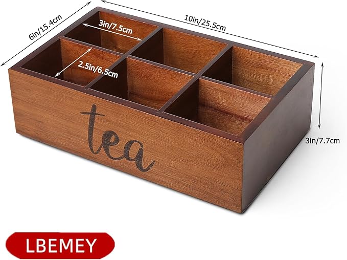 Tea Bag Organizer,Acacia Wood Tea Storage Containers with 6 Compartments, Sugar Packet Holder,Tea Bag Caddy Box for Cabinet Countertop Office (Brown-Labeled "Tea")