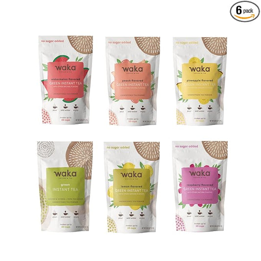Waka Instant Tea — Concentrated Green Tea Powder Sample Bundle — No Sugar Added & Unsweetened — 100% Tea Leaves — 6 X 0.45 oz Sample Packs For Hot or Iced Tea