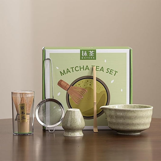 Matcha Whisk Set, Matcha Bowl with Spout, Matcha Whisk and Holder, Bamboo Matcha Scoop and Stainless Steel Sifter