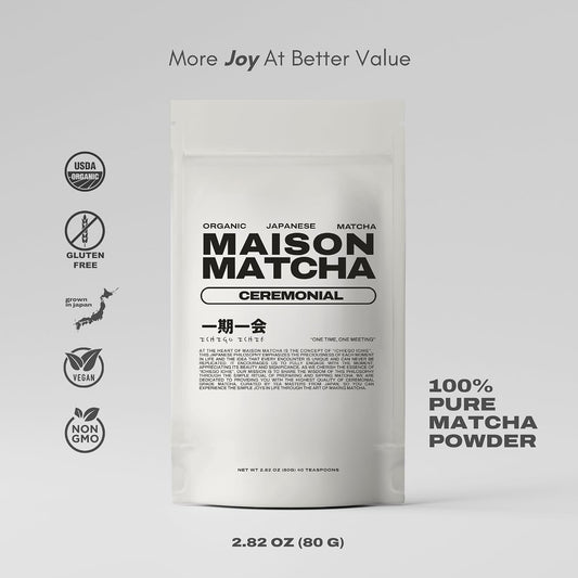 MAISON MATCHA Organic Ceremonial Grade Matcha Green Tea Powder – Authentic Japanese First Harvest, Sugar Free, For Traditional Tea &amp; Everyday Matcha Latte Powder (80g, 2.82oz Abundance Pouch)