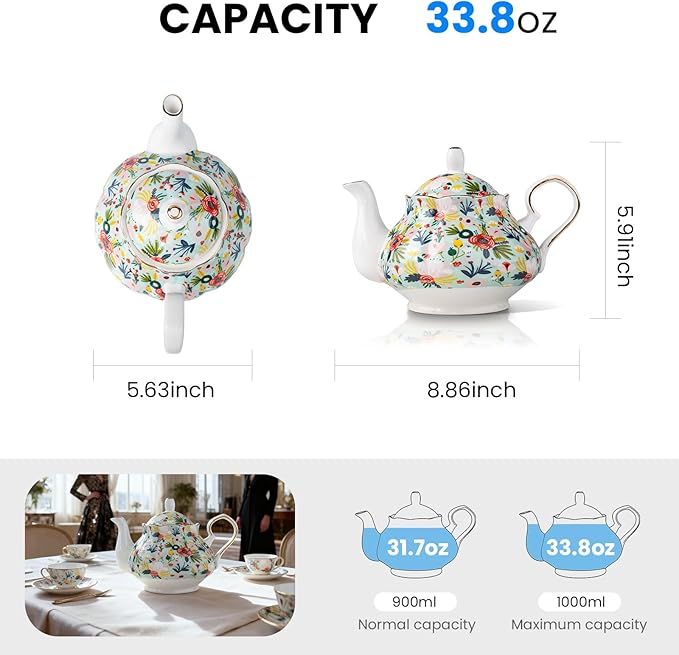 33.8 oz Porcelain Tea Pot Luxury Gold Trim Floral Ceramic Teapot Waterpot Tea Maker for Blooming Loose Leaf Tea Coffee Milk Chrismas Women Gift Housewarming Home Kitchen Décor (Mint)