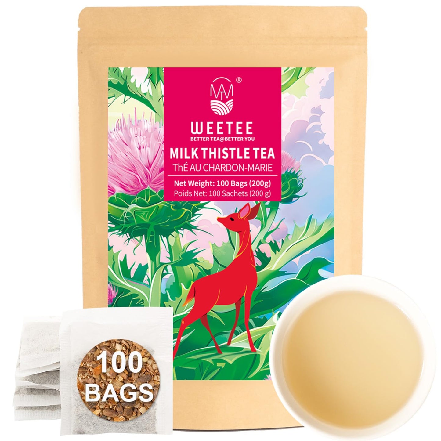 WT WEETEE Milk Thistle Tea Bags 100 Count, Made with 100% Pure Milk Thistle Seeds, Natural Caffeine-free Herbal Tea Detox Tea, Roasted Grain Flavor with Mild Sweetness