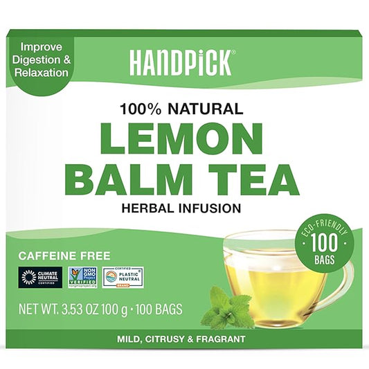 HANDPICK Lemon Balm Tea Bags – 100 Count | 100% Pure & Naturally Dried | Caffeine-Free Herbal Tea with Citrus Flavor & Aroma | Premium Lemon Balm Leaf for Calming and Digestion Support