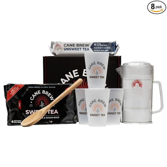 Cane Brew Iced Tea Sampler – Sweet & Unsweetened Gift Set with Pitcher, Spoon, & Cups – Charming Southern Variety Pack for Holidays & Tea Drinkers