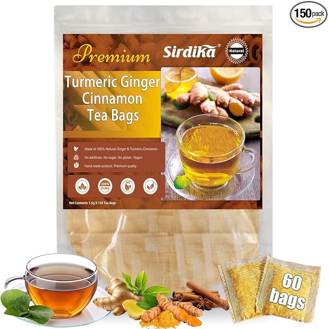 Turmeric and Ginger Powder Supplement - 60 Teabags 3 in 1 Turmeric Ginger Cinnamon Tea Bags, Curcuma Teas Bag Hand-made Blend, 100% Natural & No Additives & Caffeine Free, Improve Digestion, Support Brain, Weight, Skin and Sleep(60 Count)