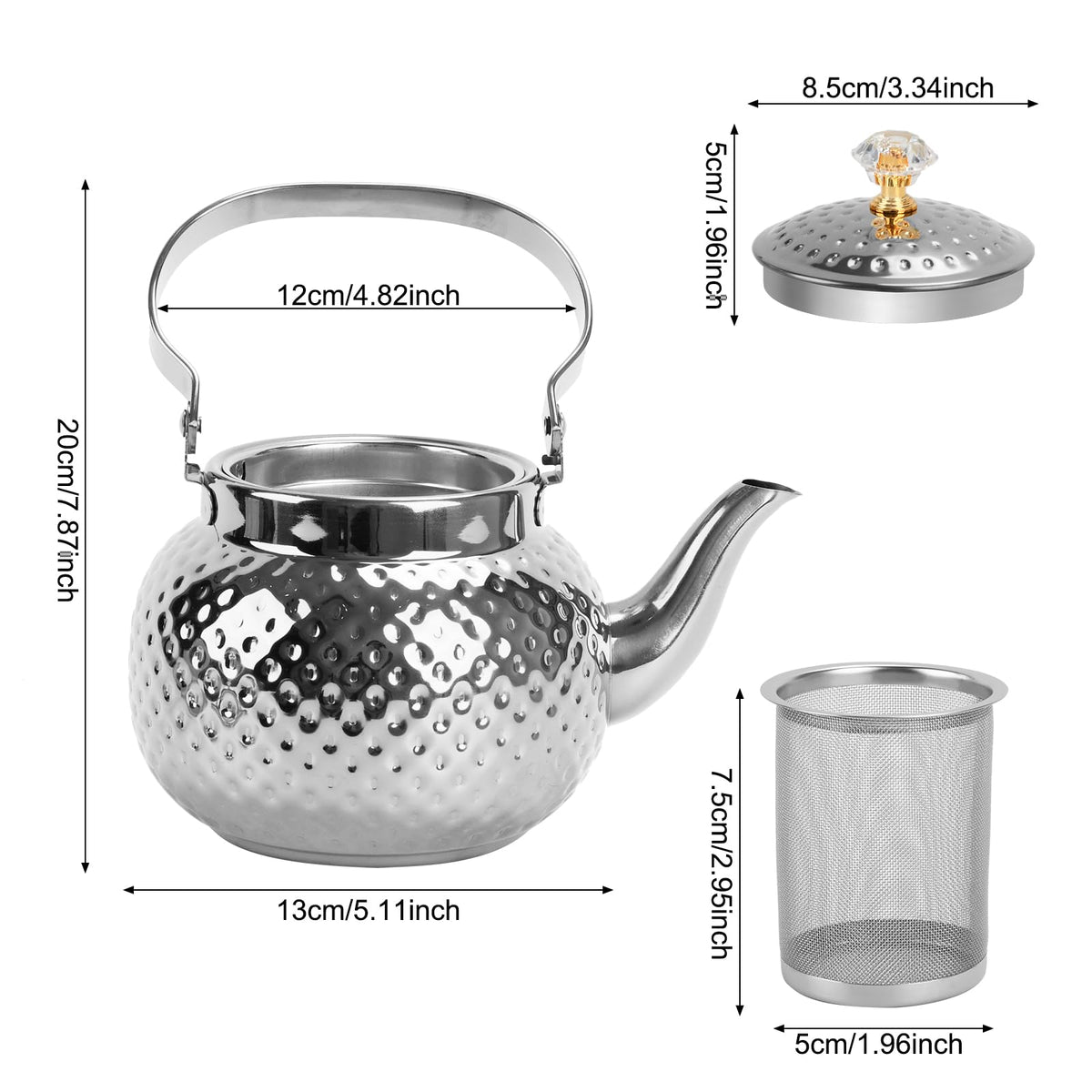 BSDLZCH 1.2L Hammered Tea Kettle Stovetop, Silver Tea Pot with Strainer for Stove