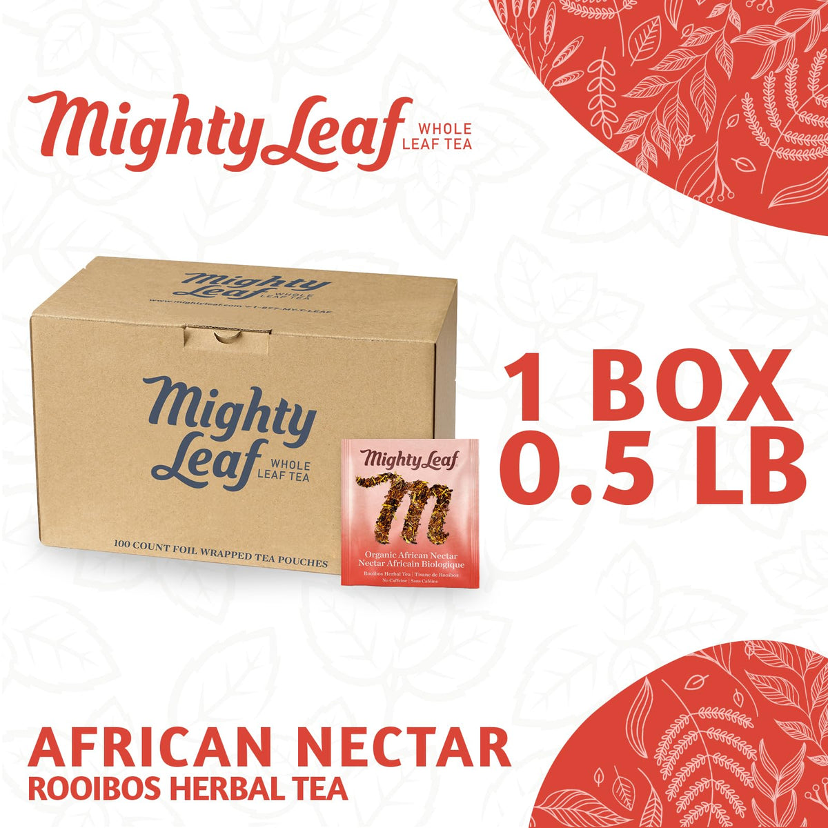 Mighty Leaf Organic African Nectar Herbal Tea – 100 Count Biodegradable Silk Tea Bags – Rooibos-Based Caffeine-Free Blend