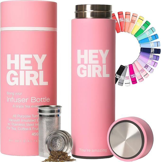 Hey Girl Tea Infuser Bottle 450ml - Insulated Stainless Steel Water Bottle - Tea Tumbler with Tea Diffuser