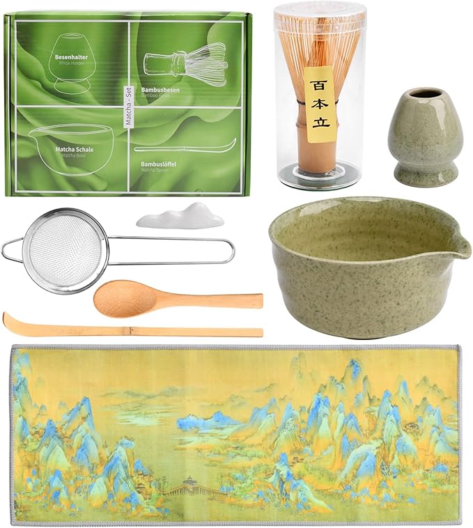 8 Pcs Matcha Whisk Set with Bamboo Whisk, Ceramic Bowl, Sifter, Scoop, Holder, Stand, and Tea Towel, Unique Gifts for Matcha Lover Home Kitchen Decor Gifts for Tea Enthusiasts Christmas