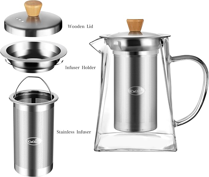 Cnglass Glass Teapot with Infuser,24oz Clear Glass Tea Kettle with Removable Stainless Steel Strainer